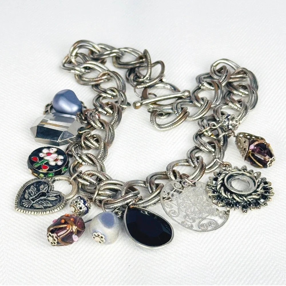 Vintage 90s Silver Charm Necklace Heart Locket Enamel Eclectic Chain Toggle